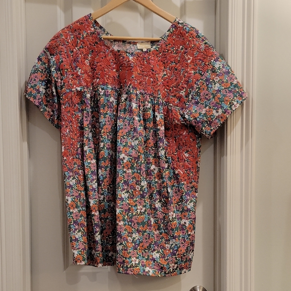 Orange and Pink Boxy Short Sleeve Blouse
